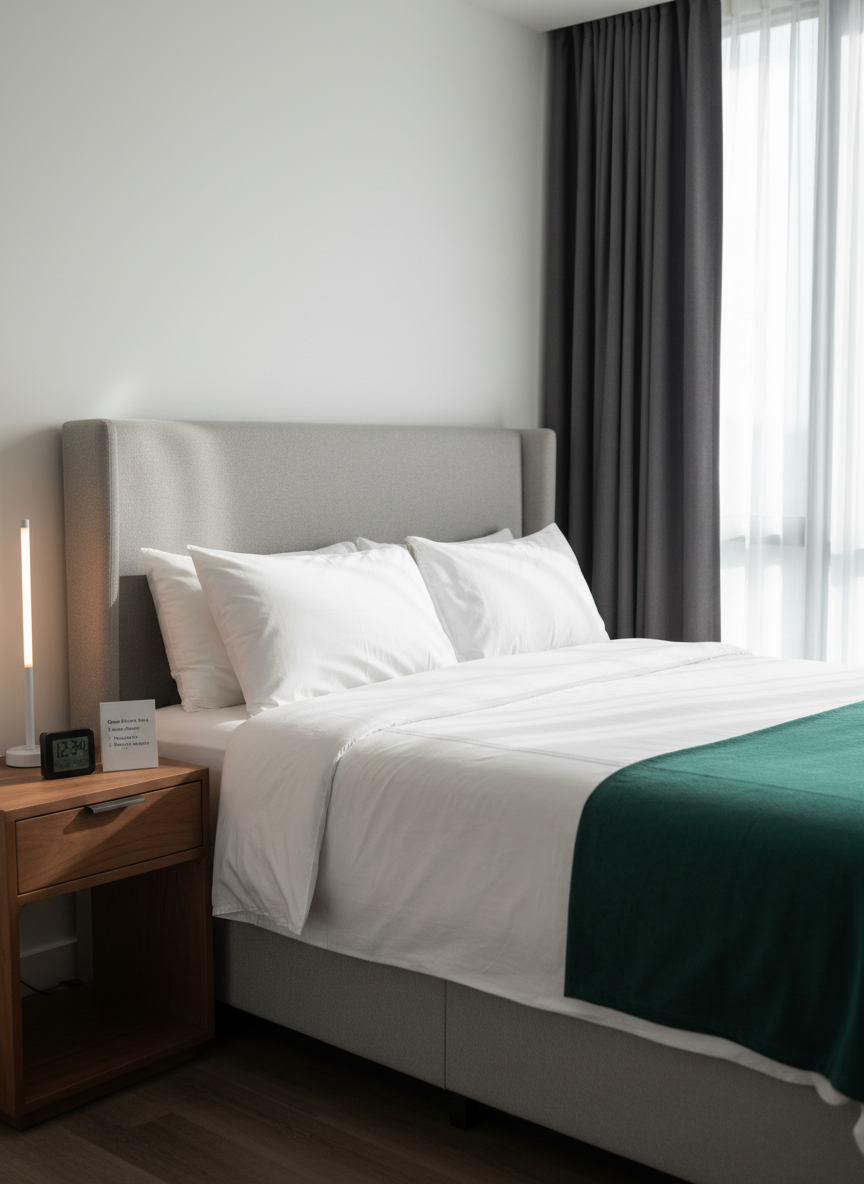 A serene bedroom in The Emerald apartment, focused on a queen-size bed with an upholstered light-gray headboard, dressed in crisp white linens and an emerald-green throw neatly folded at the foot. A streamlined bedside table in matte walnut holds a slim, dimmable touch lamp, a small digital alarm clock, and a concise printed card with quiet hours and house rules. A blackout curtain in a soft charcoal tone frames a partially visible window, letting in diffused midday light that softly washes over the room. Photographic realism, shot from a diagonal angle at mattress height, medium depth of field, atmosphere peaceful, refined, and hotel-like, ideal for communicating comfort, rest, and guest guidelines.